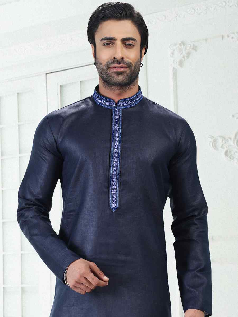 Blue Premium Linen Cotton Woven Festival Wedding Kurta