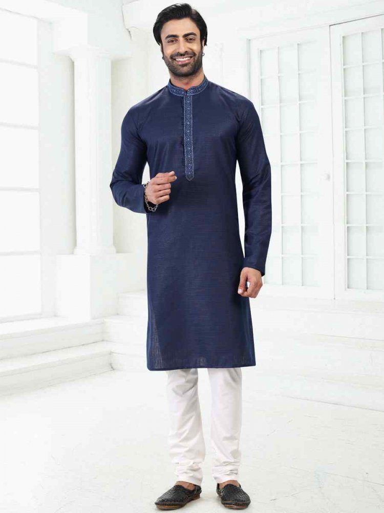 Blue Premium Linen Cotton Woven Festival Wedding Kurta