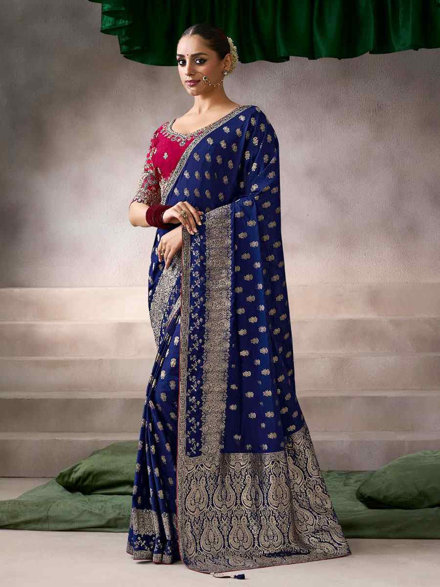 Blue Premium Pure Crepe Zari Handwoven Embroidery Bridal Reception Festival Wedding Fancy Heavy Border Sarees