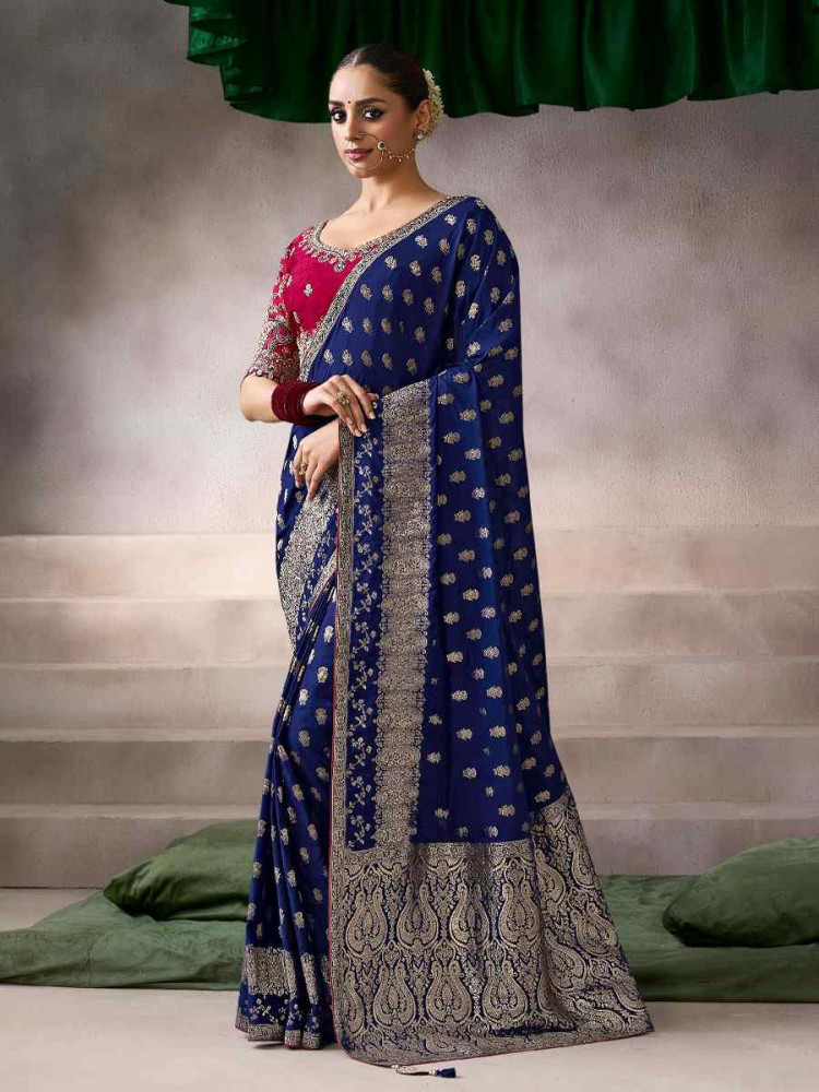 Image of Blue Premium Pure Crepe Zari Handwoven Embroidery Bridal Reception Festival Wedding Fancy Heavy Border Sarees