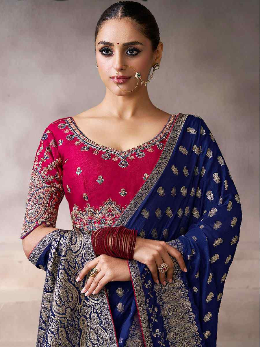 Blue Premium Pure Crepe Zari Handwoven Embroidery Bridal Reception Festival Wedding Fancy Heavy Border Sarees