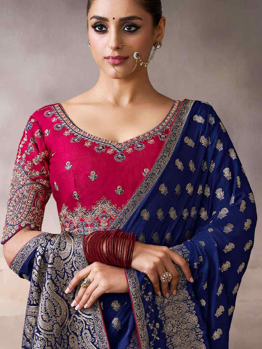 Blue Premium Pure Crepe Zari Handwoven Embroidery Bridal Reception Festival Wedding Fancy Heavy Border Sarees