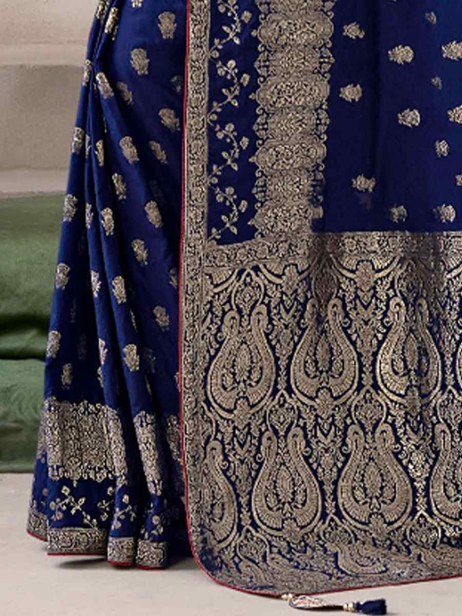 Blue Premium Pure Crepe Zari Handwoven Embroidery Bridal Reception Festival Wedding Fancy Heavy Border Sarees