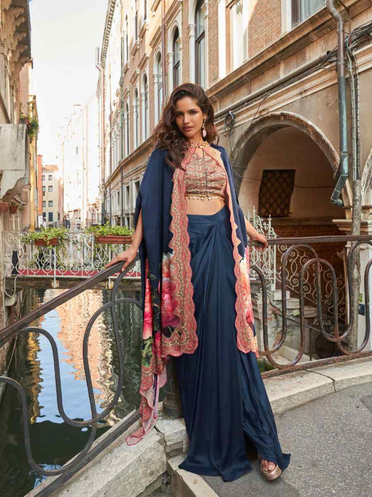 Image of Blue Premium Real French Crepe Silk Printed Embroidered Festival Casual Kurti Bottom Jacket Women Wear