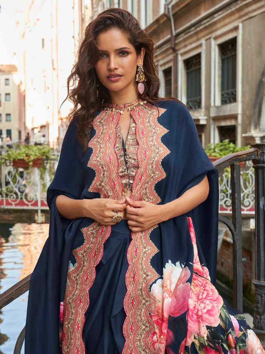 Blue Premium Real French Crepe Silk Printed Embroidered Festival Casual Kurti Bottom Jacket Women Wear