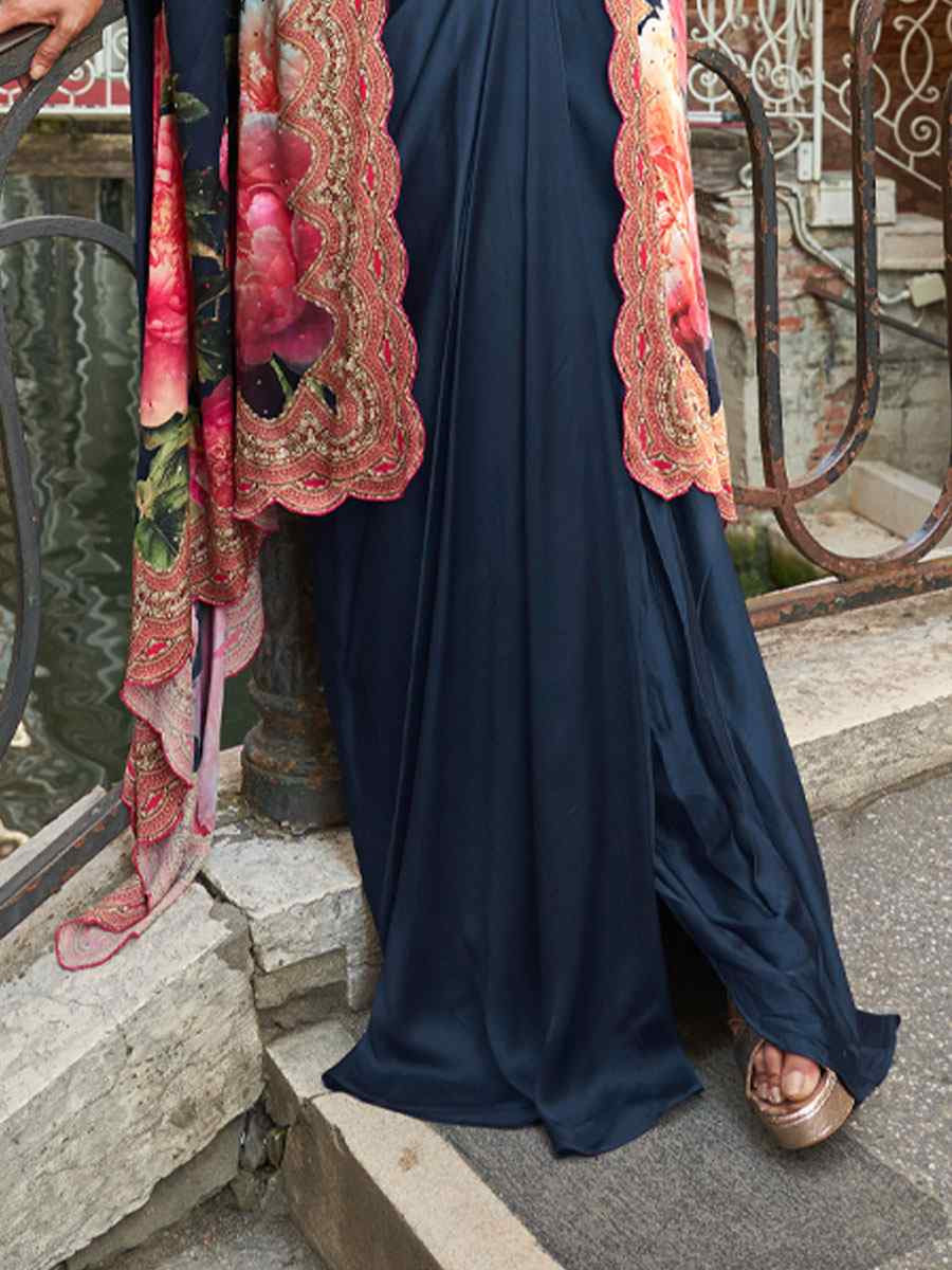 Blue Premium Real French Crepe Silk Printed Embroidered Festival Casual Kurti Bottom Jacket Women Wear