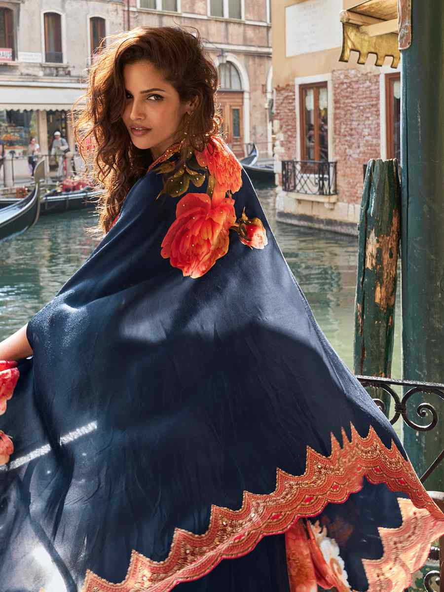 Blue Premium Real French Crepe Silk Printed Embroidered Festival Casual Kurti Bottom Jacket Women Wear