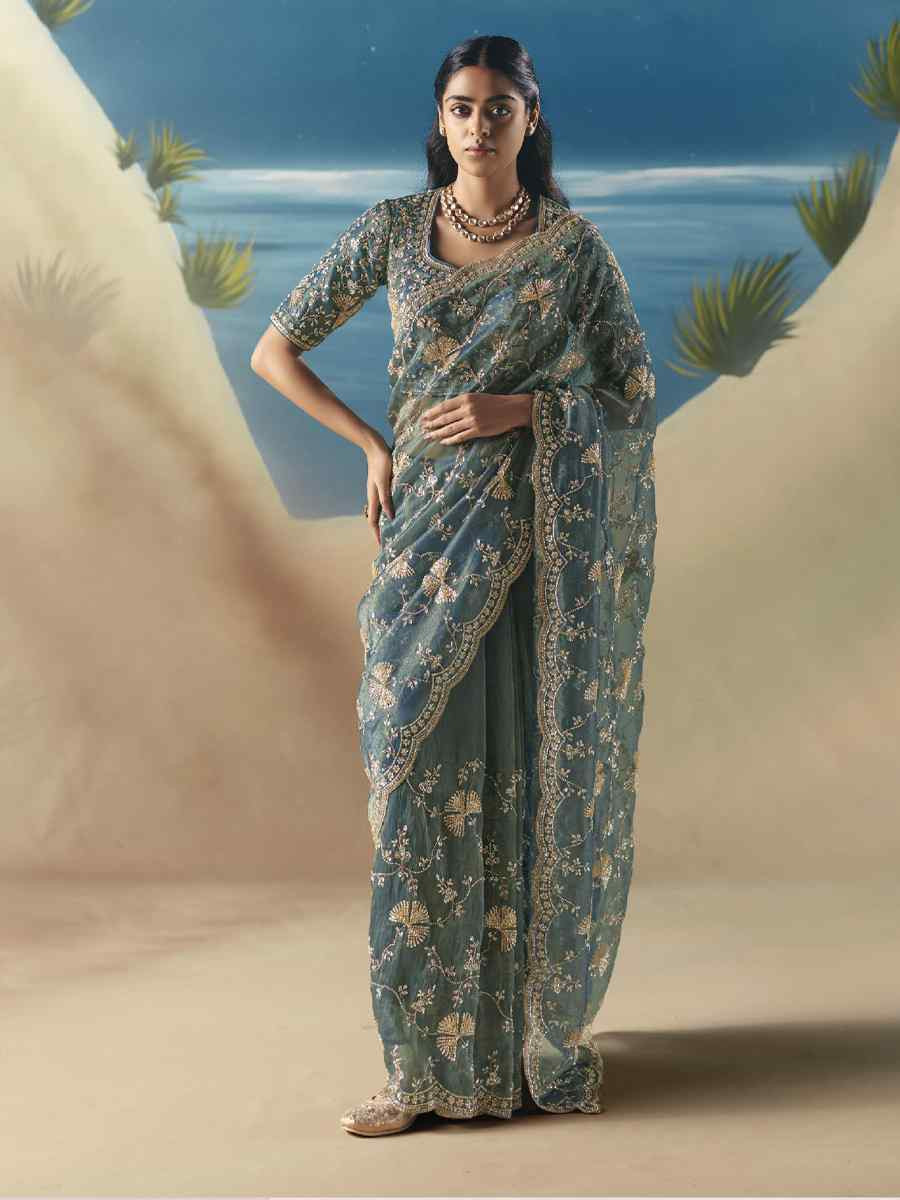 Blue Premium Satin Organza Embroidery Traditional Bridal Reception Festival Wedding Fancy Heavy Border Saree