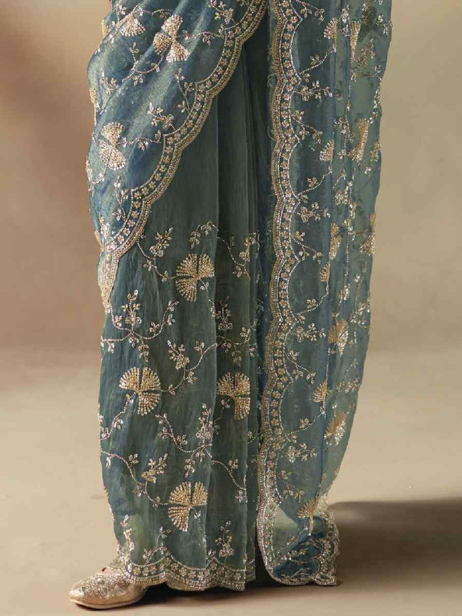 Blue Premium Satin Organza Embroidery Traditional Bridal Reception Festival Wedding Fancy Heavy Border Saree