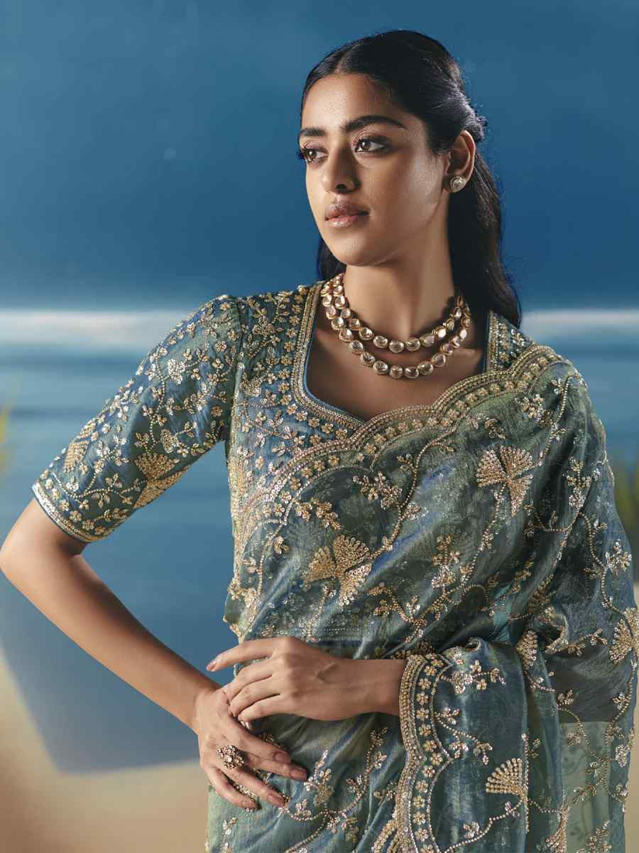 Blue Premium Satin Organza Embroidery Traditional Bridal Reception Festival Wedding Fancy Heavy Border Saree