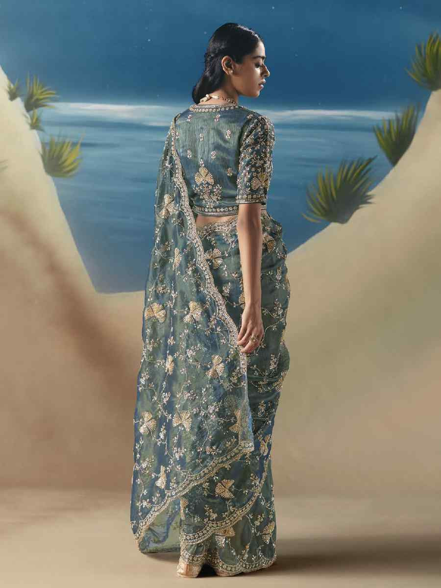 Blue Premium Satin Organza Embroidery Traditional Bridal Reception Festival Wedding Fancy Heavy Border Saree