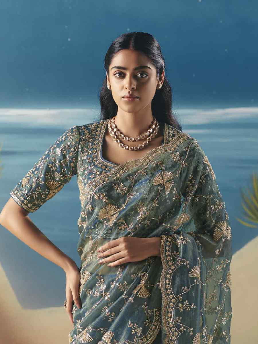 Blue Premium Satin Organza Embroidery Traditional Bridal Reception Festival Wedding Fancy Heavy Border Saree