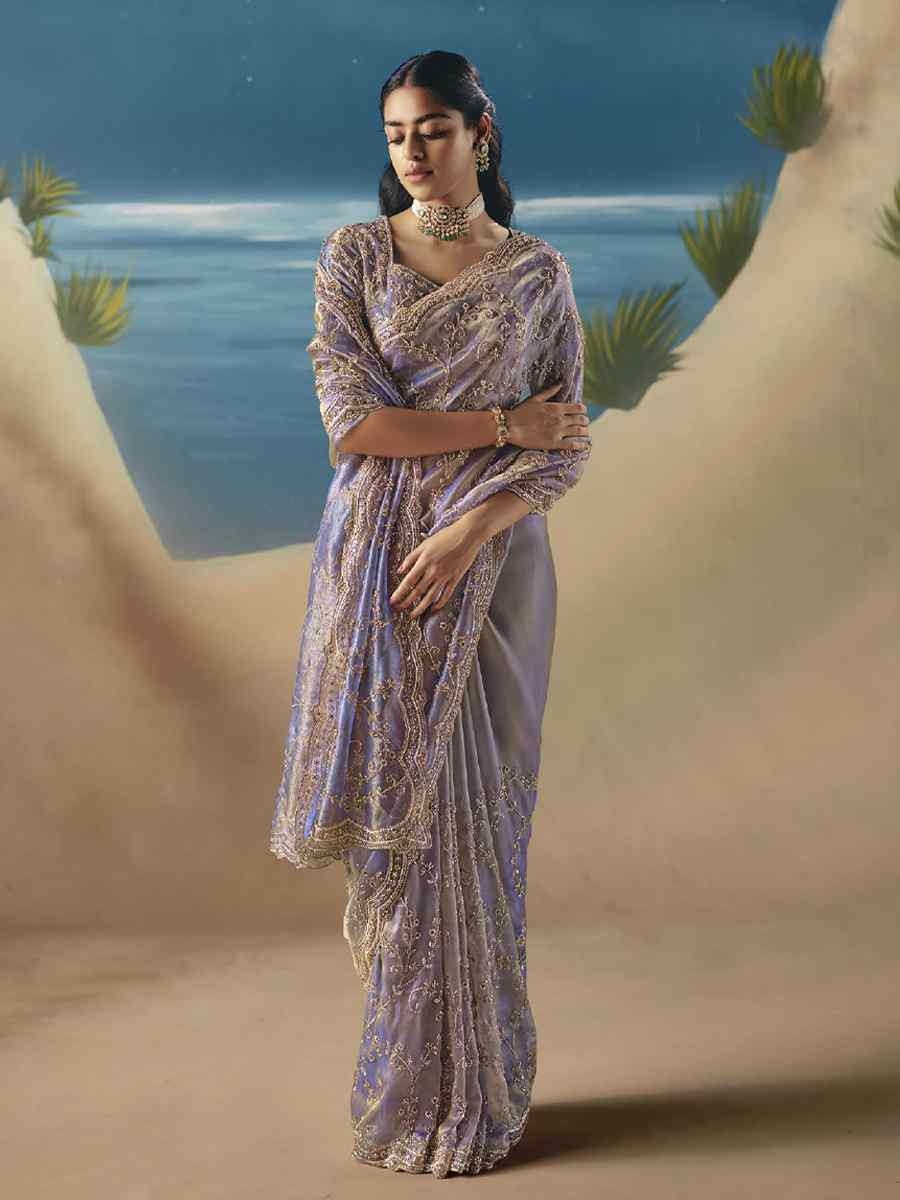 Blue Premium Satin Organza Embroidery Traditional Bridal Reception Festival Wedding Fancy Heavy Border Saree