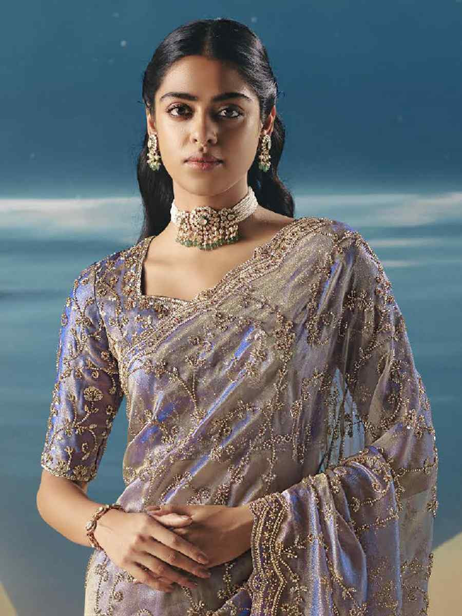 Blue Premium Satin Organza Embroidery Traditional Bridal Reception Festival Wedding Fancy Heavy Border Saree