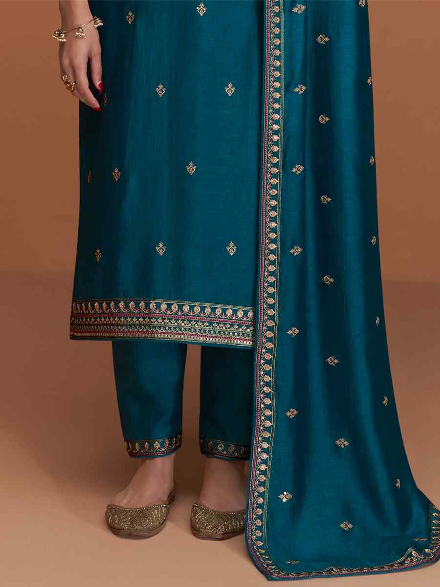 Blue Premium Silk Embroidered Festival Casual Pant Salwar Kameez