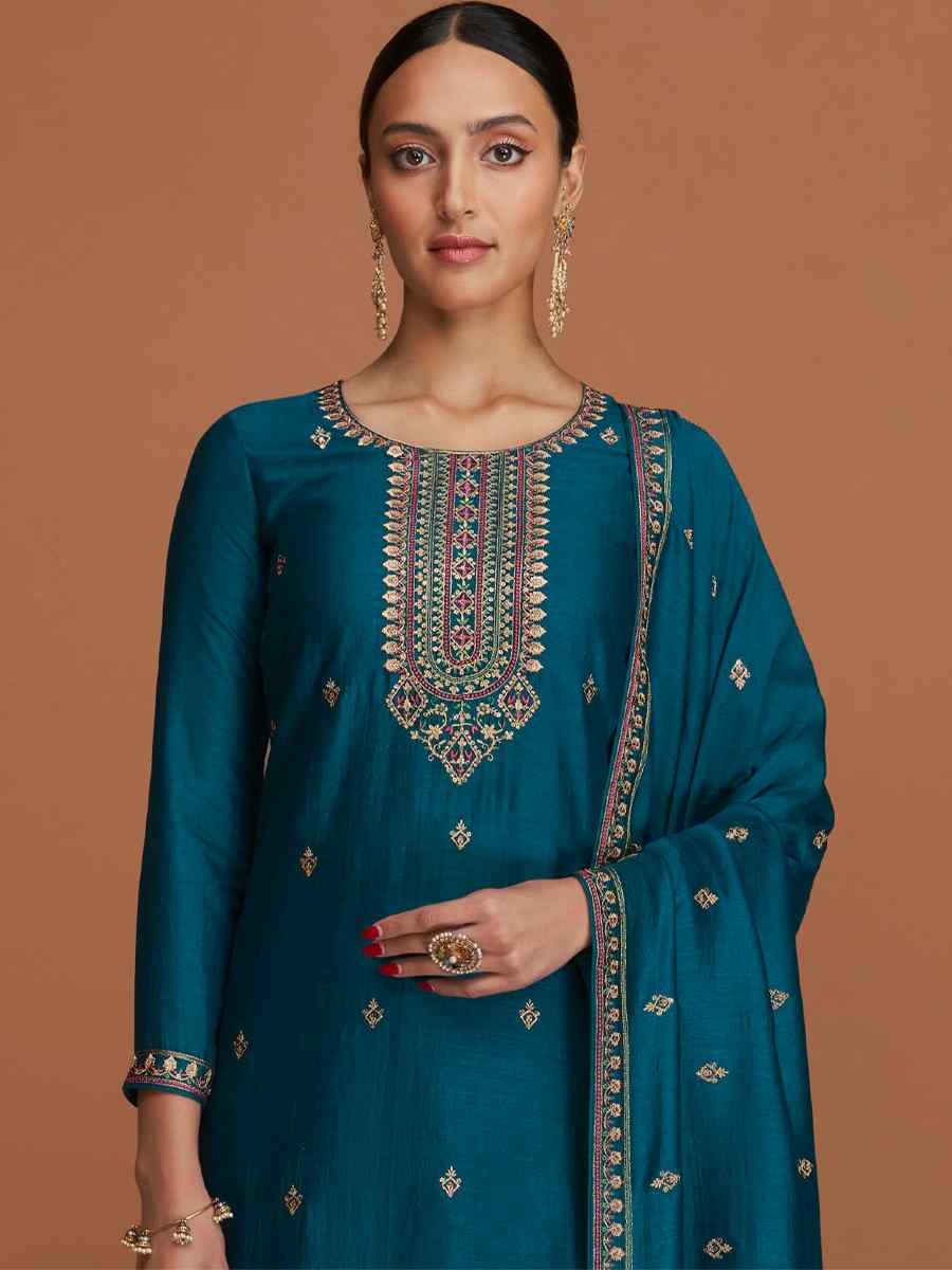 Blue Premium Silk Embroidered Festival Casual Pant Salwar Kameez