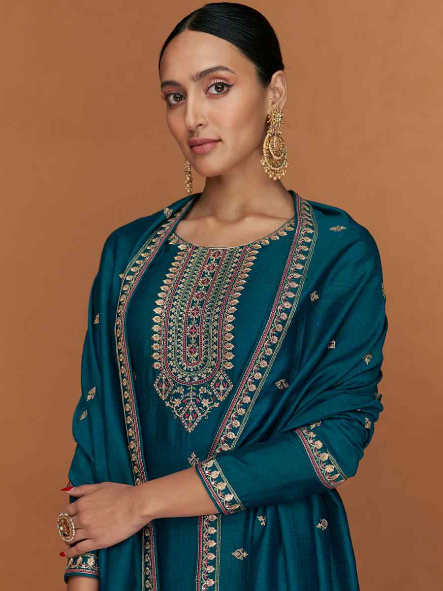 Blue Premium Silk Embroidered Festival Casual Pant Salwar Kameez