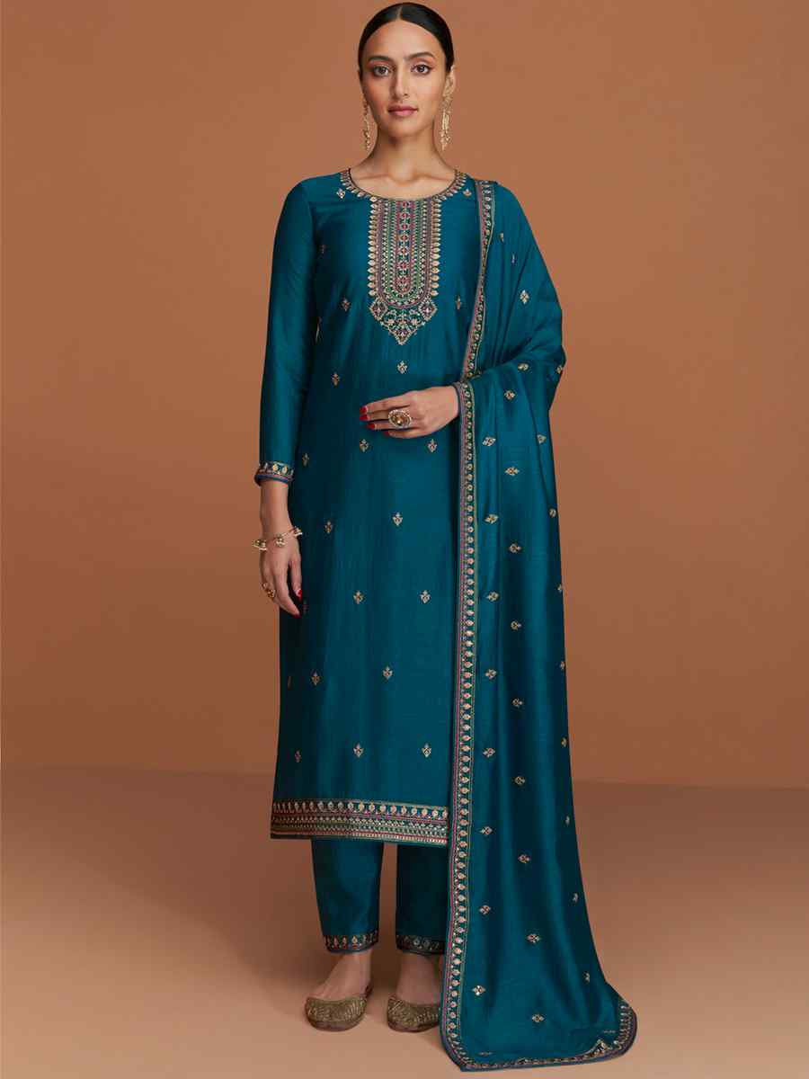 Blue Premium Silk Embroidered Festival Casual Pant Salwar Kameez