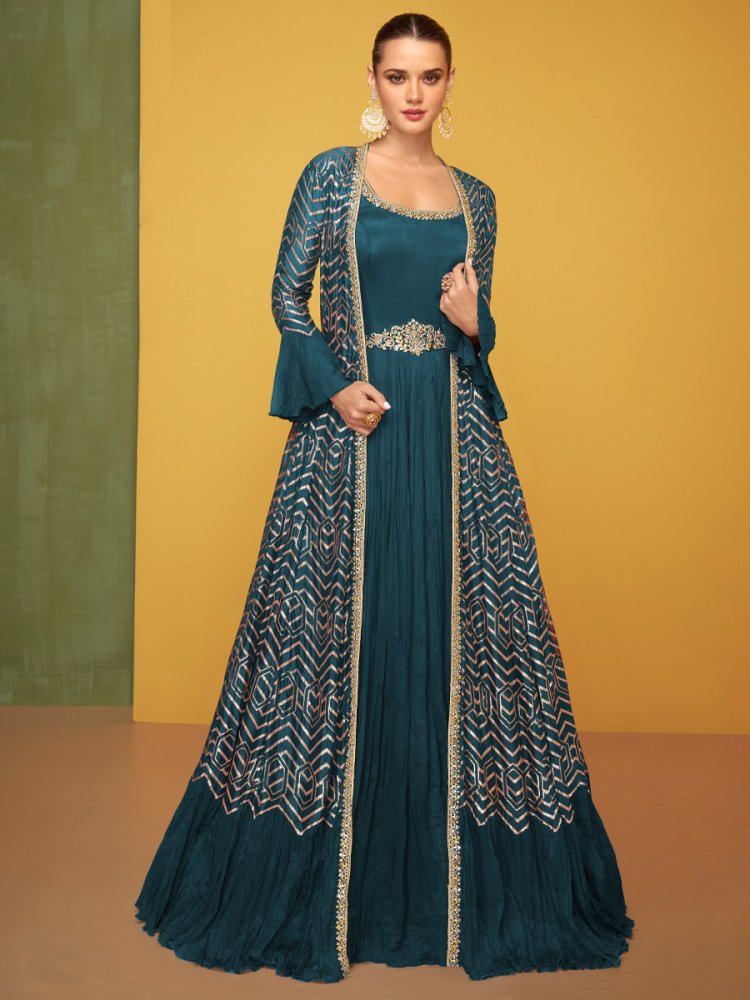 Blue Premium Silk Embroidered Festival Wedding Anarkali Salwar Kameez