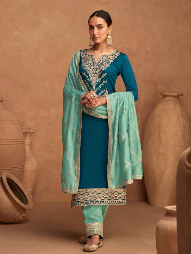 Blue Premium Silk Embroidered Festival Wedding Pant Salwar Kameez