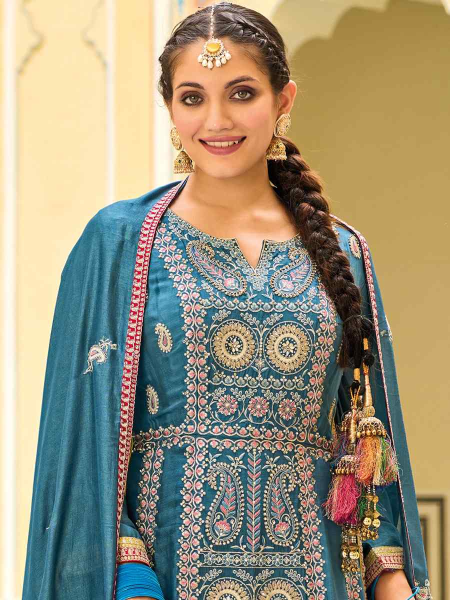 Blue Premium Silk Embroidered Festival Wedding Ready Palazzo Pant Salwar Kameez