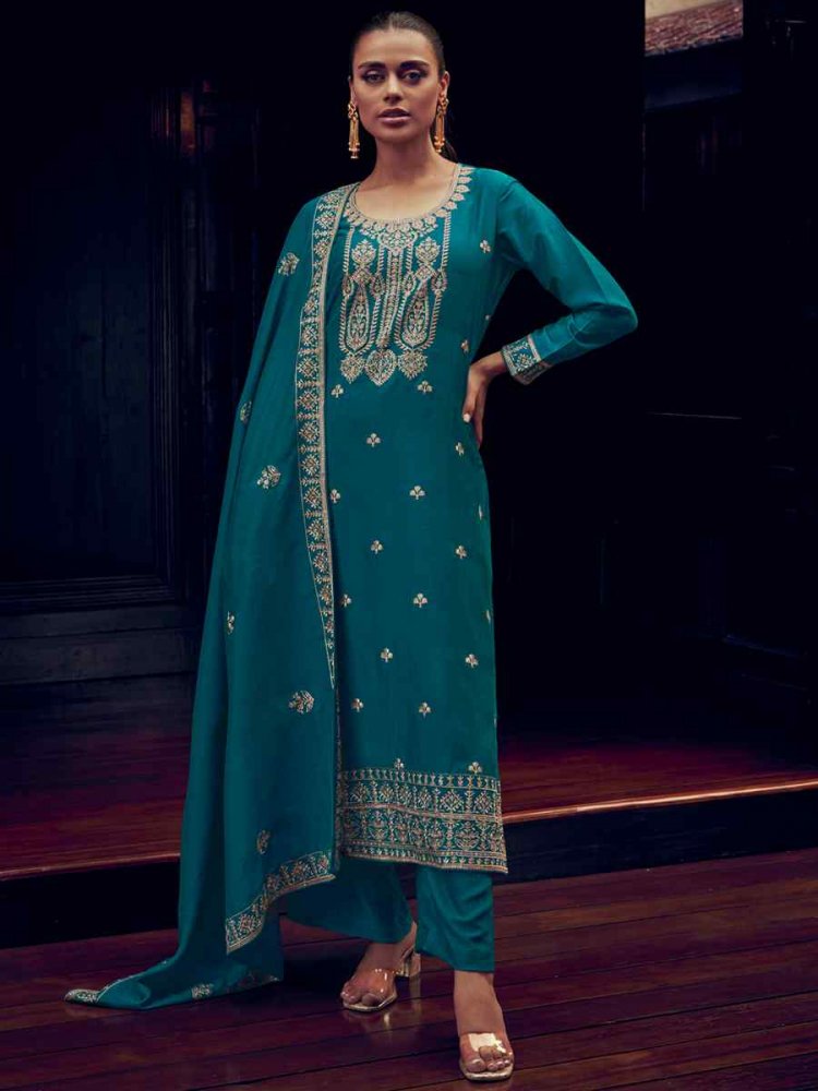 Blue Premium Silk Embroidered Party Festival Pant Salwar Kameez