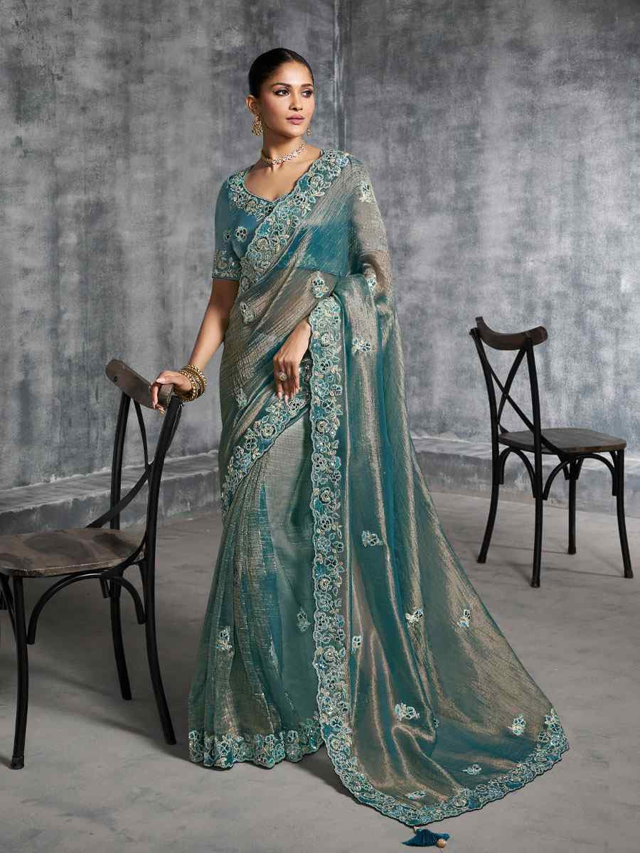 Blue Premium Tissue Silk Embroidery Traditional Casual Reception Festival Wedding Fancy Heavy Border Saree