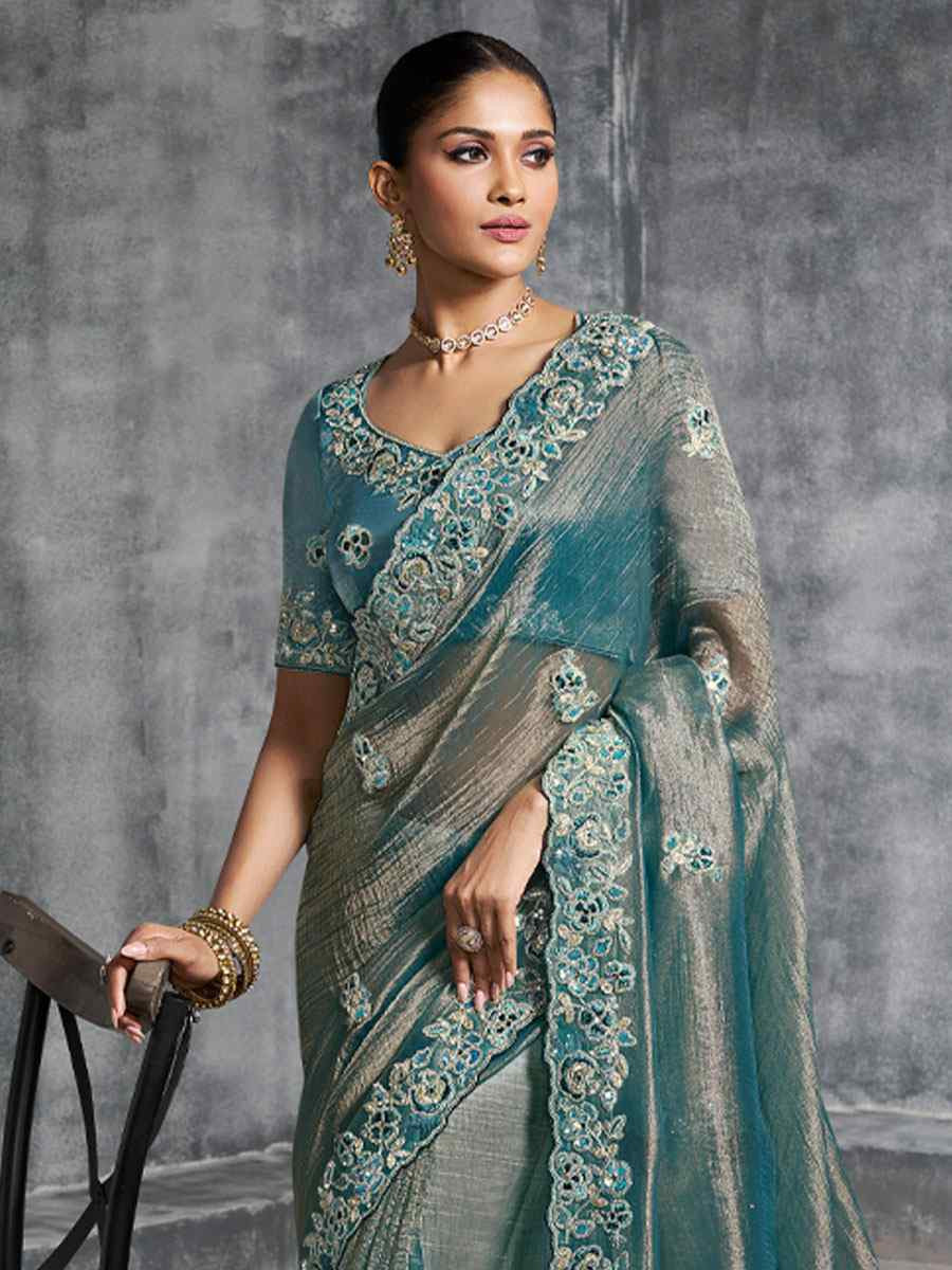 Blue Premium Tissue Silk Embroidery Traditional Casual Reception Festival Wedding Fancy Heavy Border Saree