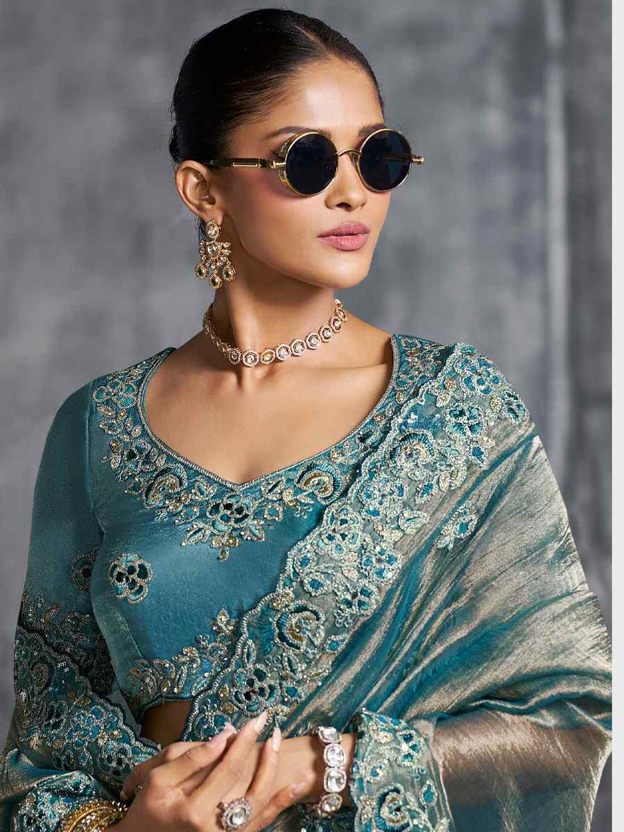 Blue Premium Tissue Silk Embroidery Traditional Casual Reception Festival Wedding Fancy Heavy Border Saree