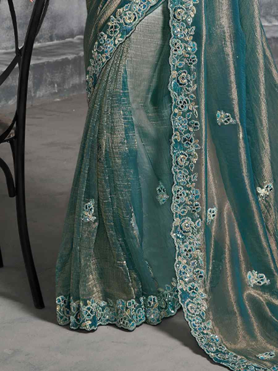 Blue Premium Tissue Silk Embroidery Traditional Casual Reception Festival Wedding Fancy Heavy Border Saree