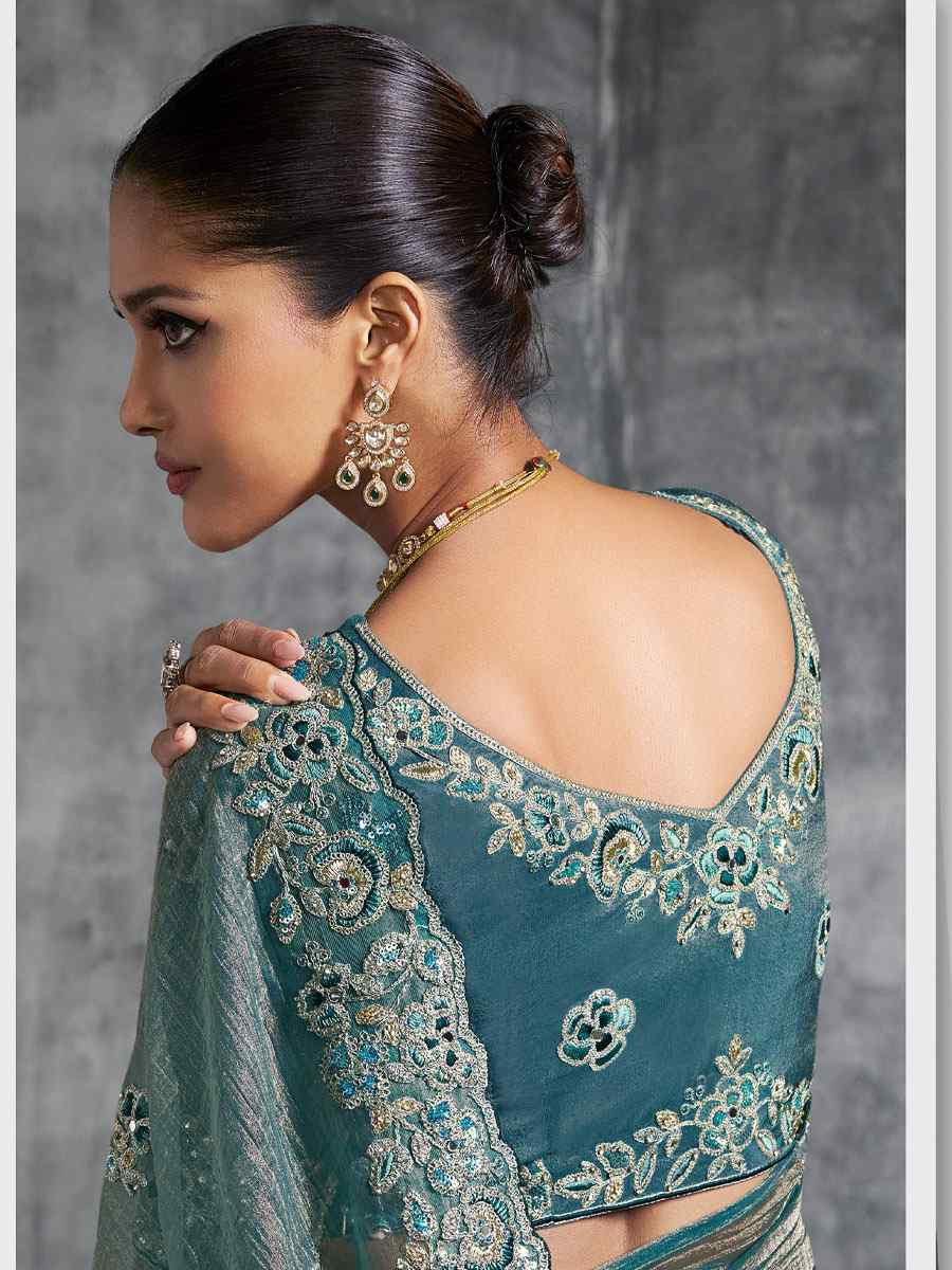 Blue Premium Tissue Silk Embroidery Traditional Casual Reception Festival Wedding Fancy Heavy Border Saree