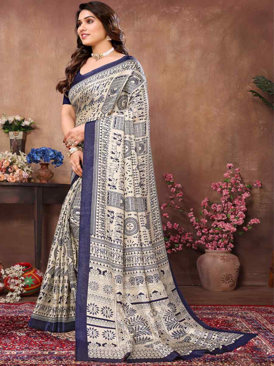 Blue Premiume Printed Casual Festival Contemporary Saree