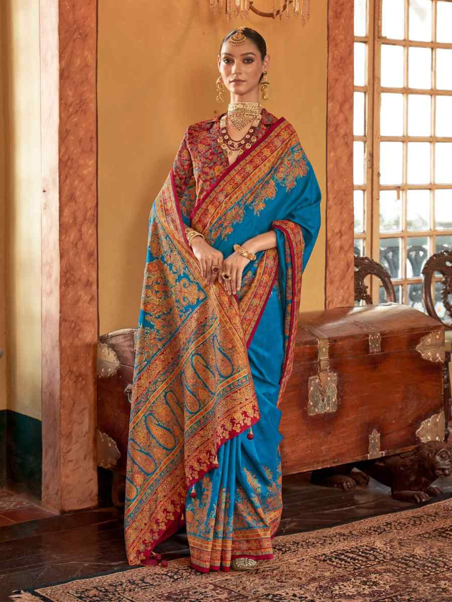 Blue Printed Festival Wedding Fancy Heavy Border Saree