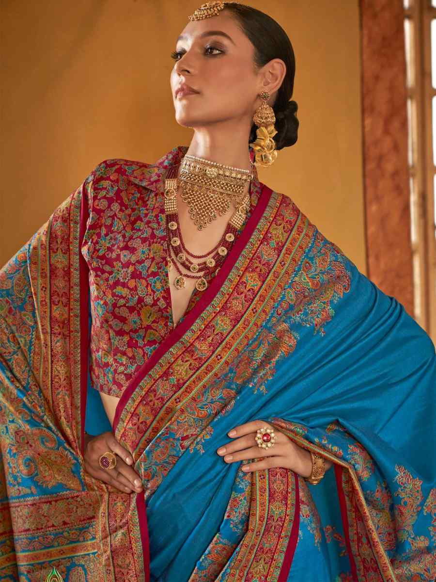 Blue Printed Festival Wedding Fancy Heavy Border Saree