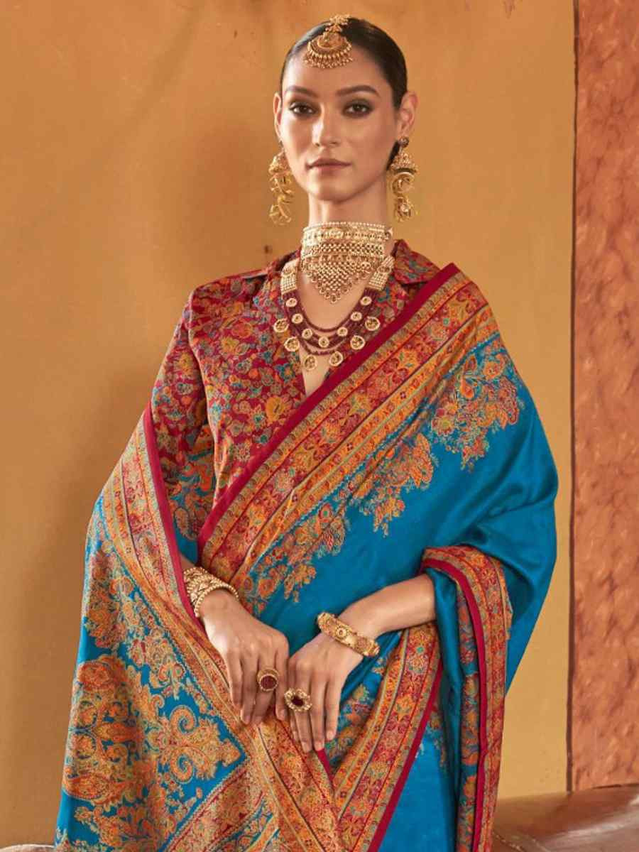 Blue Printed Festival Wedding Fancy Heavy Border Saree