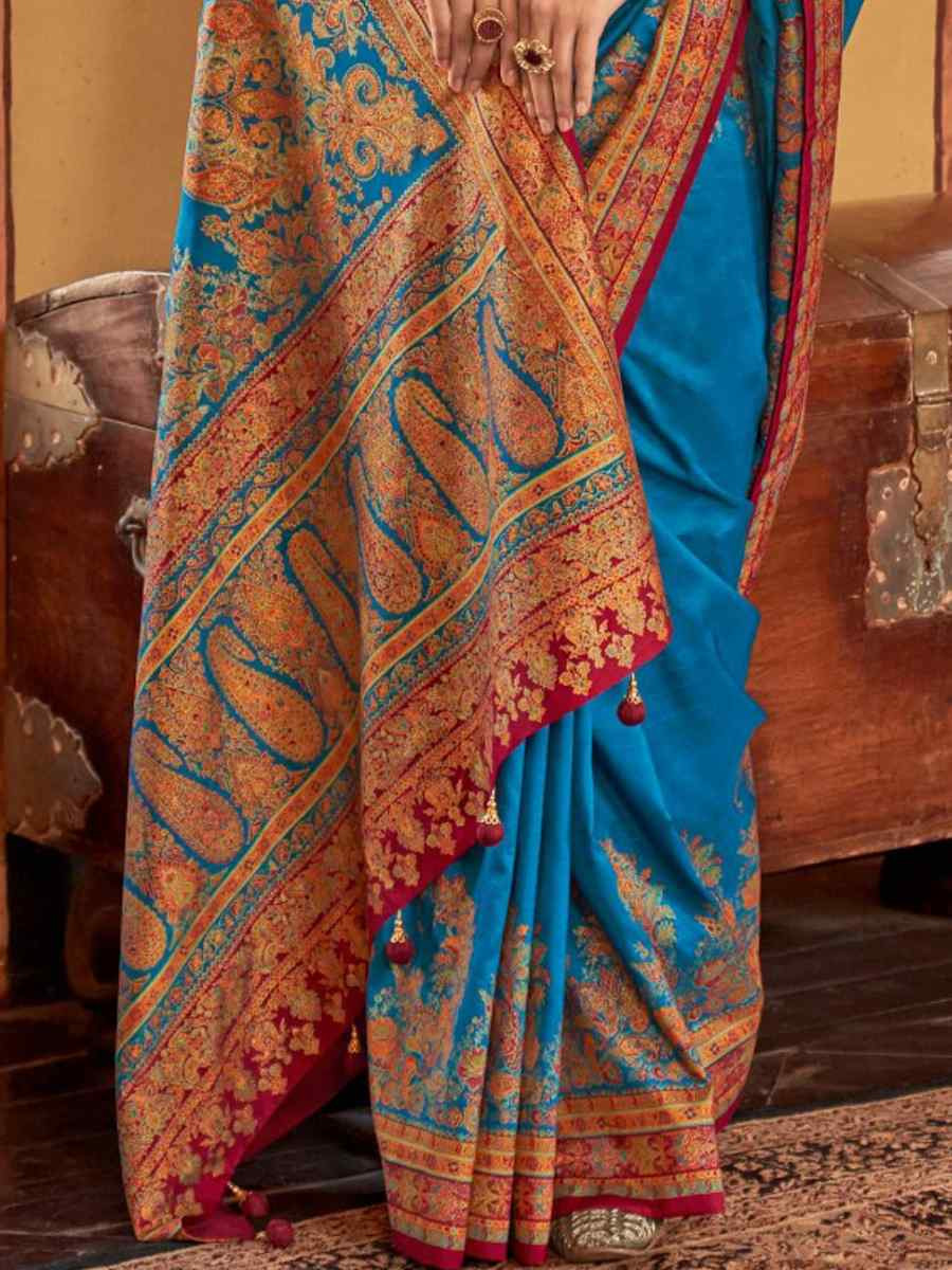 Blue Printed Festival Wedding Fancy Heavy Border Saree
