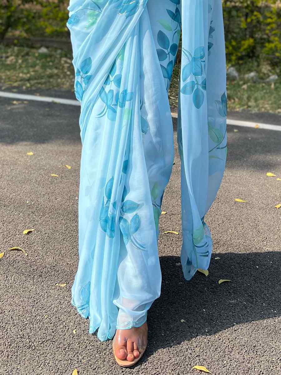 Blue Printed Party Festival Classic Style Saree