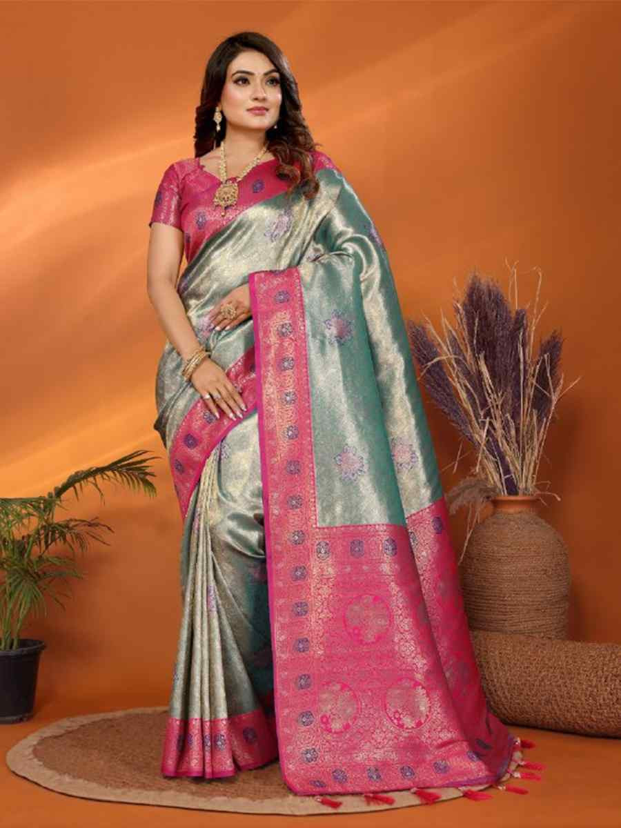 Blue Pure Banarasi Tissue Silk Handwoven Festival Wedding Fancy Heavy Border Saree