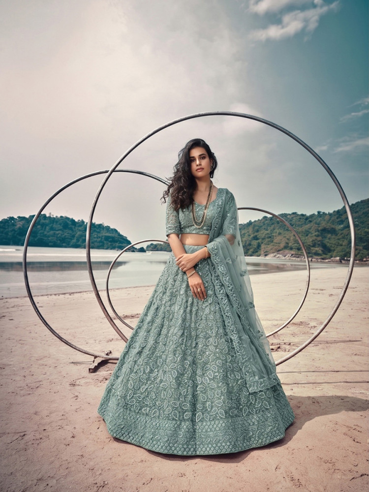 Image of Blue Pure Butterfly Net Embroidery Wedding Reception Party Festival Heavy Border Lehenga Choli