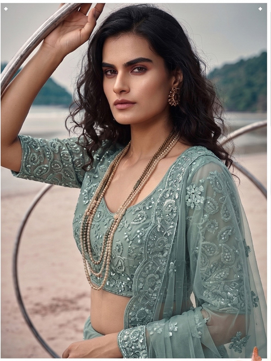 Blue Pure Butterfly Net Embroidery Wedding Reception Party Festival Heavy Border Lehenga Choli