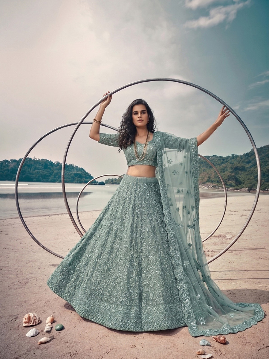 Blue Pure Butterfly Net Embroidery Wedding Reception Party Festival Heavy Border Lehenga Choli