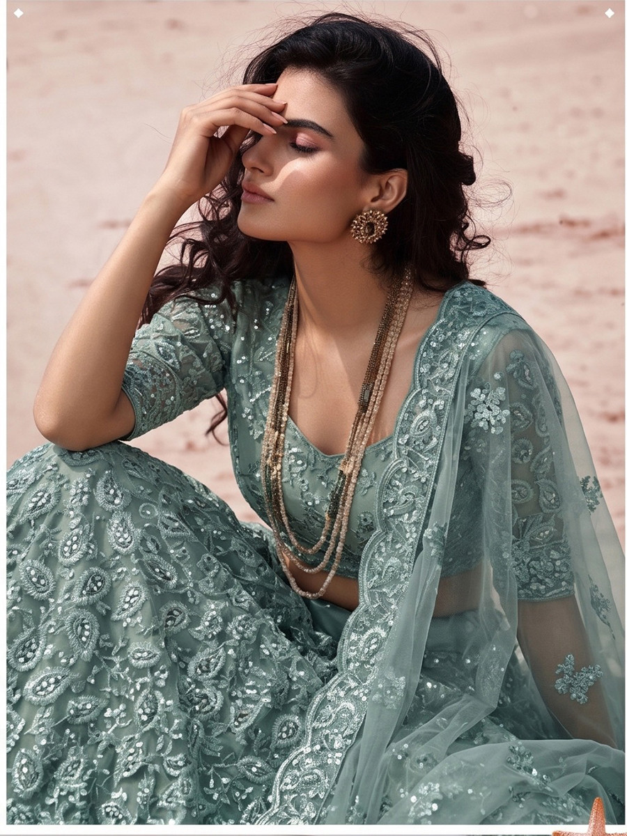 Blue Pure Butterfly Net Embroidery Wedding Reception Party Festival Heavy Border Lehenga Choli