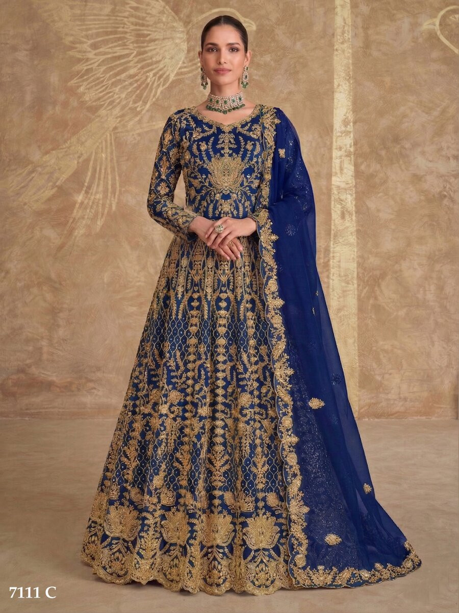 Blue Pure Butterfly Net Embroidery Zari Sequins Wedding Party Festival Engagement Lawn Salwar Kameez
