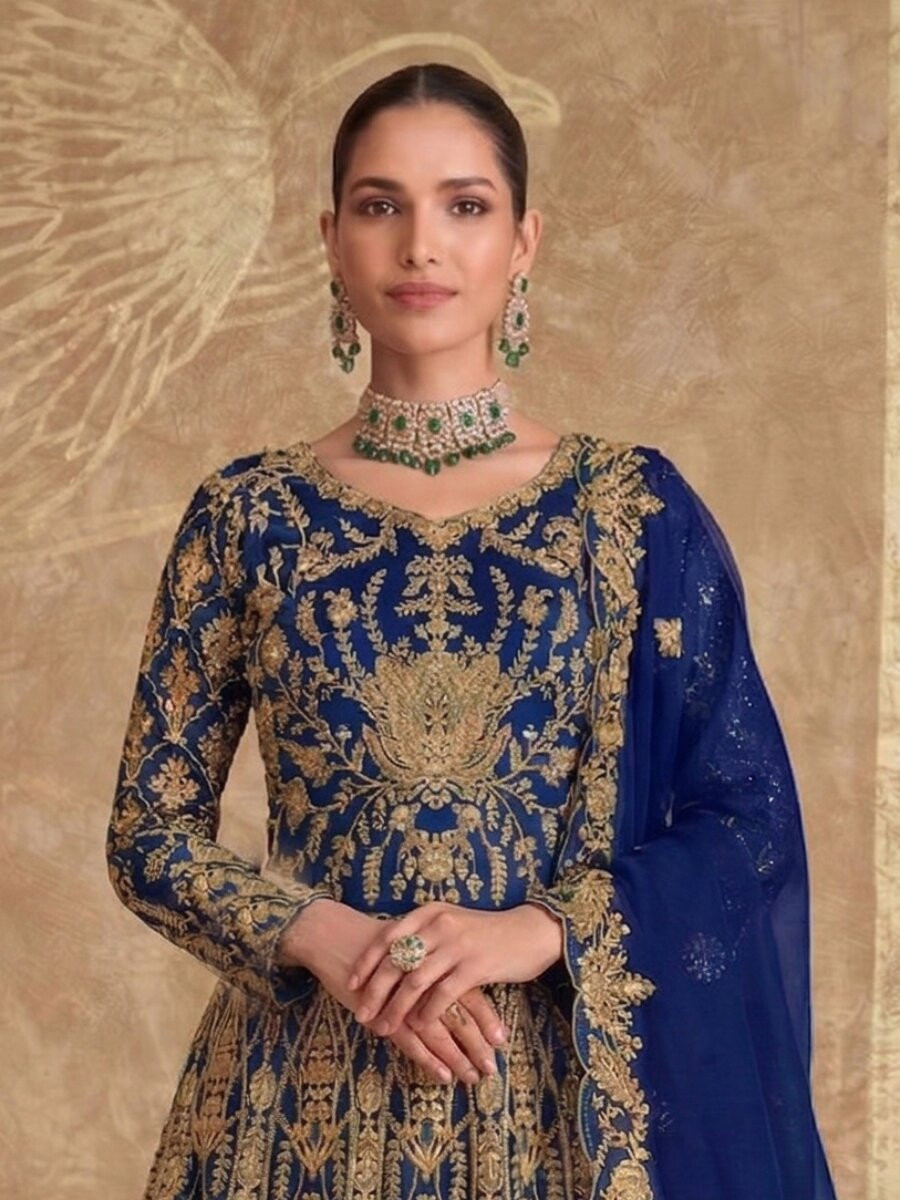 Blue Pure Butterfly Net Embroidery Zari Sequins Wedding Party Festival Engagement Lawn Salwar Kameez