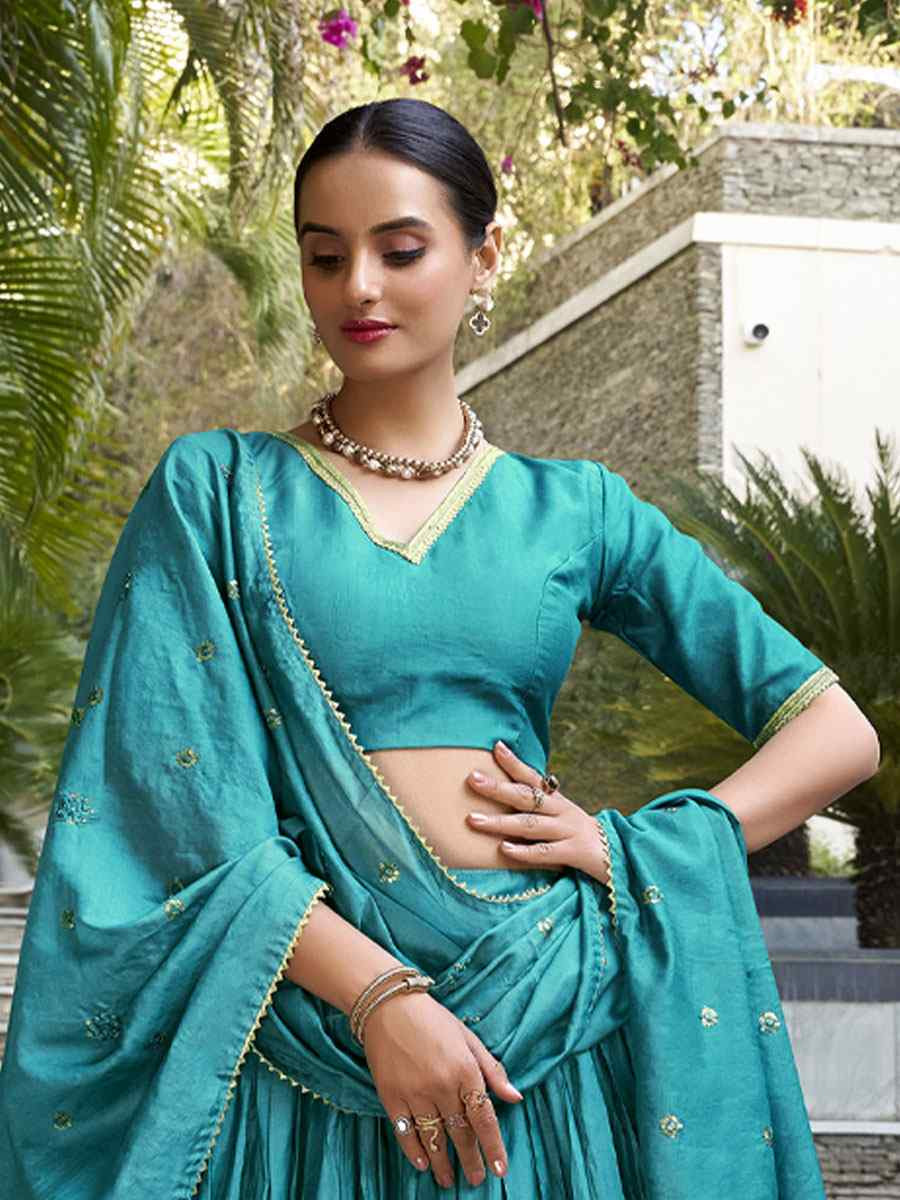 Blue Pure Chanderi Embroidery Wedding Reception Festival Heavy Border Lehenga Choli