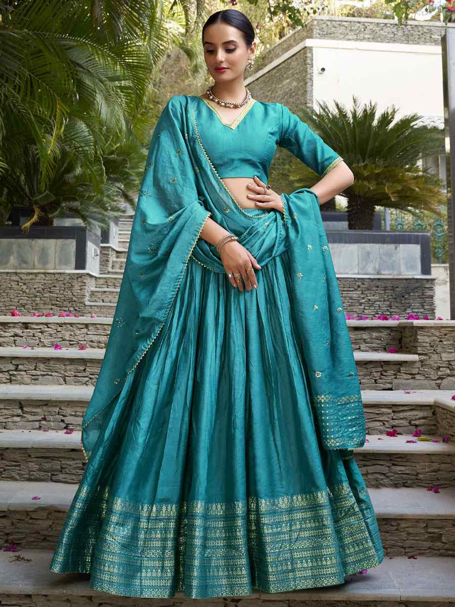 Blue Pure Chanderi Embroidery Wedding Reception Festival Heavy Border Lehenga Choli