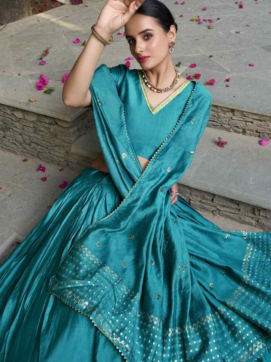 Blue Pure Chanderi Embroidery Wedding Reception Festival Heavy Border Lehenga Choli