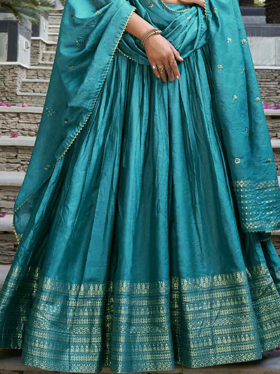 Blue Pure Chanderi Embroidery Wedding Reception Festival Heavy Border Lehenga Choli