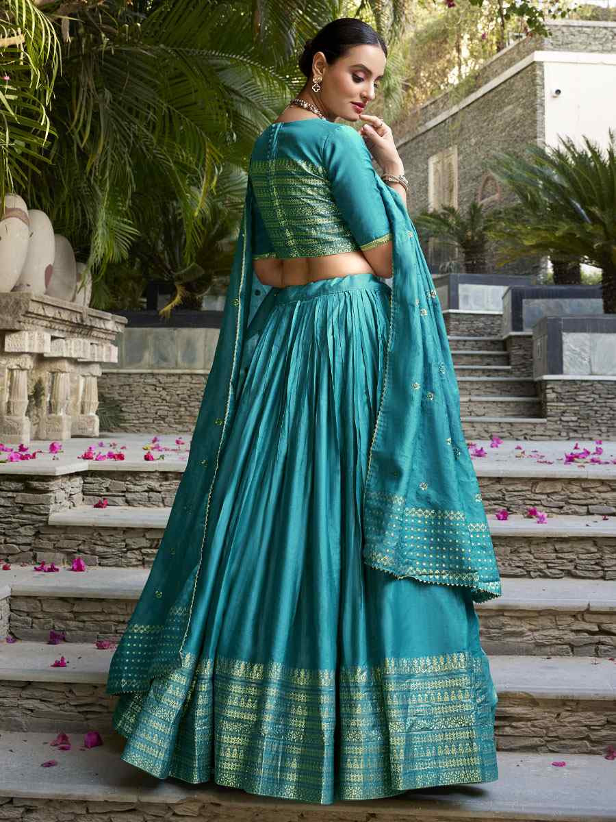 Blue Pure Chanderi Embroidery Wedding Reception Festival Heavy Border Lehenga Choli