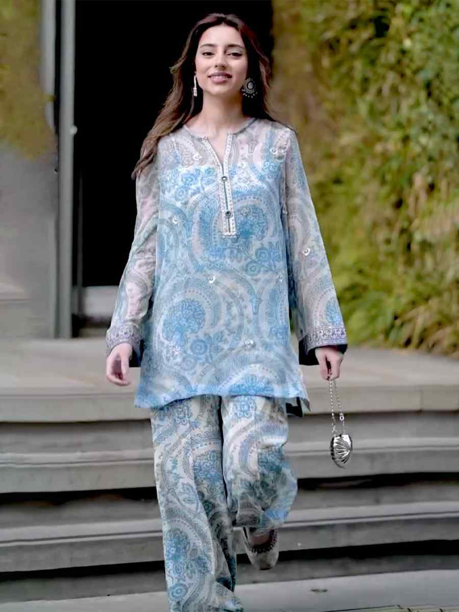 Blue Pure Chiffon Georgette Embroidered Party Wedding Ready Palazzo Pant Salwar Kameez